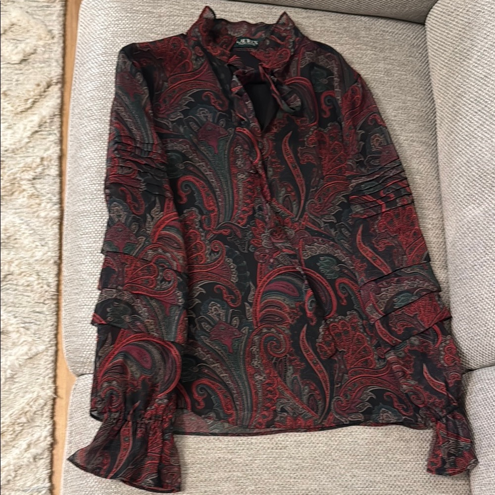 Ralph Lauren Ruffled Red and Black Blouse with Mandarin Collar